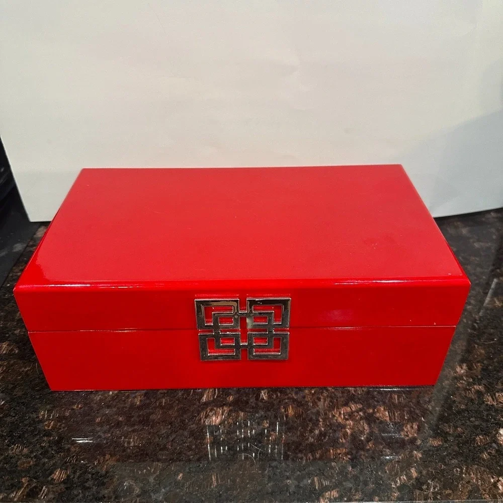 Vintage Red Lacquer Jewelry Box Silver Geometric Clasp Black Lined Keepsake